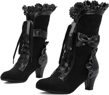 Goth Asian Bow Boots Mid Heels Lace Up Victorian Revival