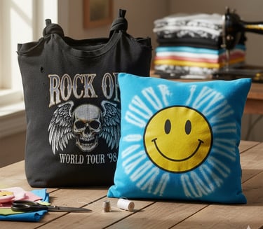 A pillow made from a rock band t-shirt and tote bag made from a t-shirt on a table