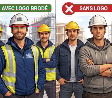 Différence entre une équipe BTP avec logo brodé professionnel et une équipe sans logo sur chantier
