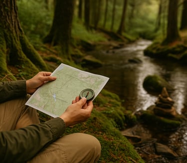 Map and compass in hand beside river in forest, showing practical land navigation and survival gear use