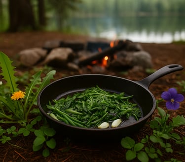 Wild greens and onions cooking in pan beside fire with edible plants and flowers on ground