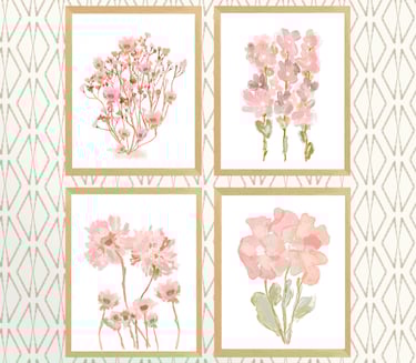 Wall decor featuring four soft pink watercolor floral artworks in a grid layout against a geometric diamond background