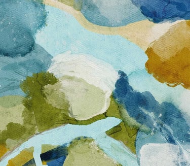 Textured abstract artwork featuring layered watercolor-style strokes in cool and earthy tones