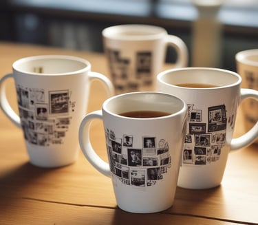 Close-up of colorful custom mugs with unique designs on a wooden table.