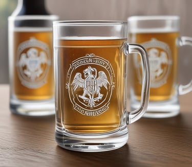 Close-up of colorful custom mugs with unique designs on a wooden table.