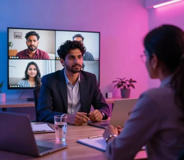 A businessman in a suit leads a hybrid video conference call with colleagues in a modern office.
