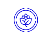 Minimalist blue line icon of a budding flower with leaves inside a circular frame.
