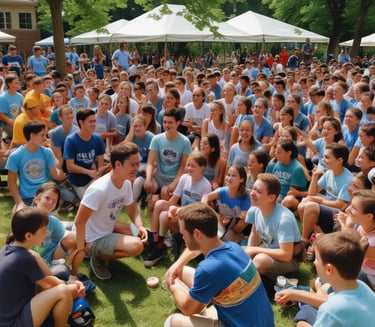 Campfire gathering with motorhomes parked around, people sharing stories under starry night.
