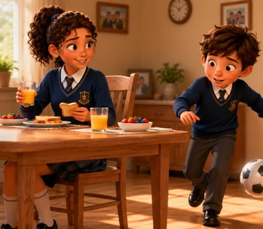 Animated children, in school uniforms eating breakfast and playing soccer in a sunny dining room.