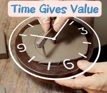Cartoon clock icon floating above a clay slab