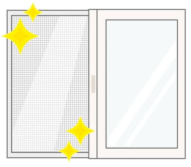 a window with a window screen and a starfish