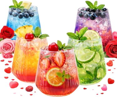 Refreshing assortment of colorful fruit cocktails and mocktails garnished with fresh berries and mint.