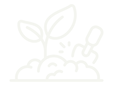A white line icon of a seedling growing in soil being tended with a hand rake tool.