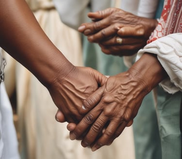 Two hands clasp together in a gesture of support or assistance, illuminated by bright sunlight from above, casting a soft, ethereal glow. The image suggests themes of connection and help.