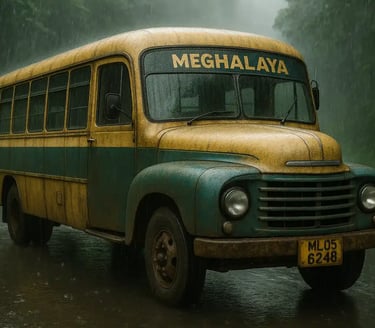 a bus parked on the side of a road in heavily rained cherapunji