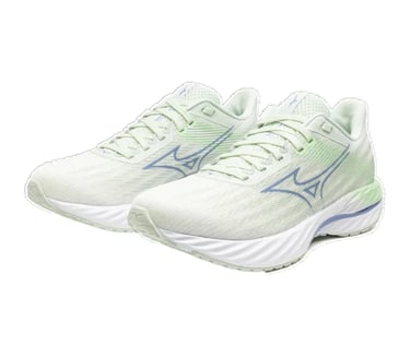 Light green Mizuno Wave Rider running shoes with white midsoles and blue accents for athletic performance.