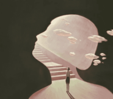 une femme devant les marches menant à son cerveau et son imagination