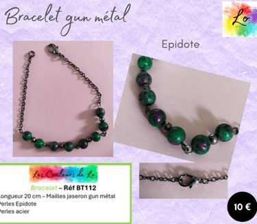 Bracelet gun métal Epidote perles acier Les Couleurs de Lo