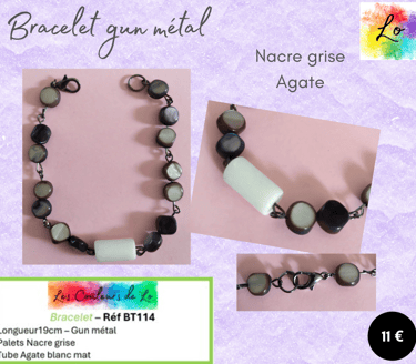 Bracelet gun métal Nacre grise Agate blanc mat Les Couleurs de Lo