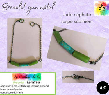 Bracelet gun métal Jade néphrite Jaspe sédiment bleu Les Couleurs de Lo