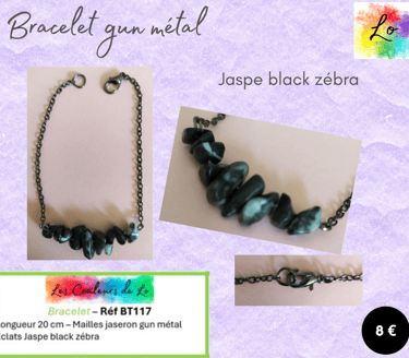Bracelet gun métal Jaspe black zébra Les Couleurs de Lo