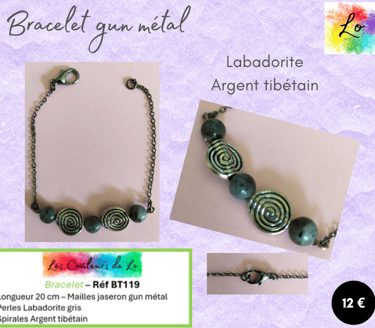 Bracelet gun métal Labadorite spirales Argent tibétain Les Couleurs de Lo