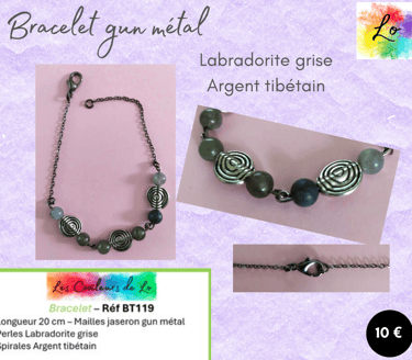 Bracelet gun métal Labradorite spirales Argent tibétain Les Couleurs de Lo