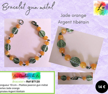 Bracelet gun métal Jade orange spirales Argent tibétain Les Couleurs de Lo