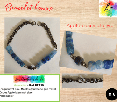 Bracelet gun métal Agate bleu mat givré Les Couleurs de Lo