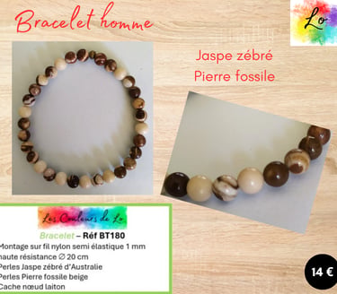 Bracelet laiton Jaspe zébré Pierre fossile Les Couleurs de Lo