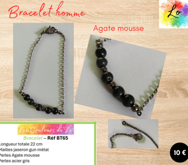 Bracelet gun métal Agate mousse perles acier gris Les Couleurs de Lo