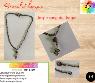 Bracelet gun métal Jaspe sang du dragon serpent acier Les Couleurs de Lo