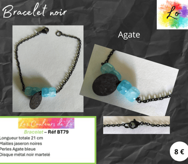 Bracelet noir Agate bleue disque martelé noir Les Couleurs de Lo