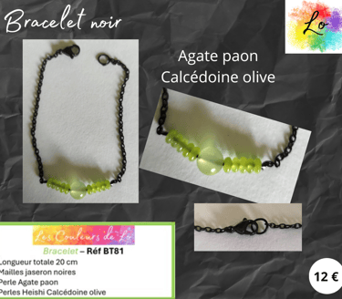 Bracelet noir Agate paon Calcédoine Les Couleurs de Lo