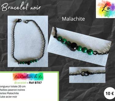 Bracelet noir Malachite cube acier noir Les Couleurs de Lo