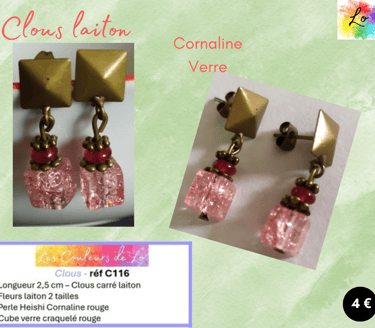 Boucles clous carré laiton fleurs laiton Cornaline rouge cube verre craquelé Les Couleurs de Lo