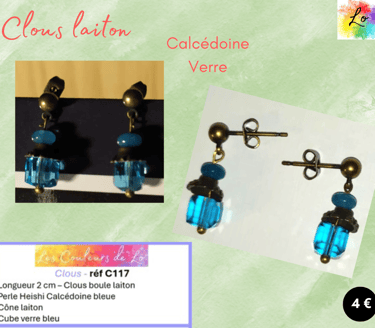 Boucles clous laiton Calcédoine bleu cône laiton cube verre bleu Les Couleurs de Lo