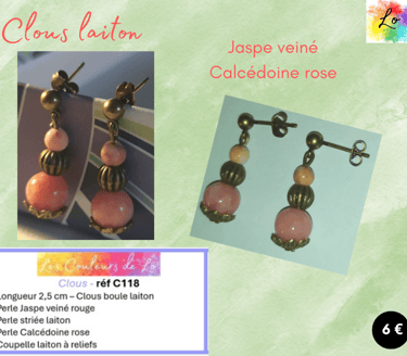 Boucles clous laiton Jaspe veiné perle laiton Calcédoine rose Les Couleurs de Lo