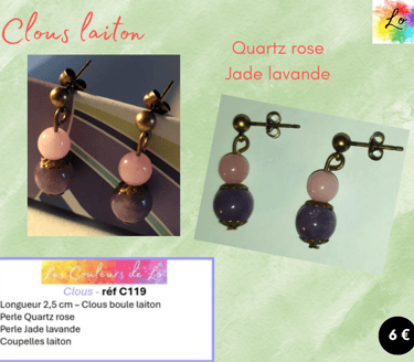 Boucles clous laiton Quartz rose coupelles laiton Jade lavande Les Couleurs de Lo