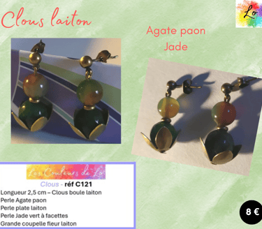 Boucles clous laiton Agate paon Jade vert à facettes grande fleur laiton Les Couleurs de Lo