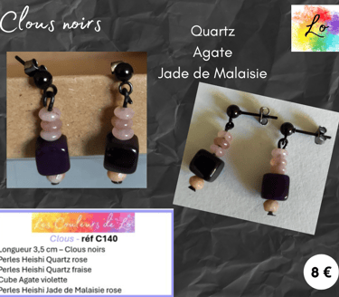 Boucles clous noirs Quartz rose Quartz fraise Agate violette Jade de Malaisie Les Couleurs de Lo