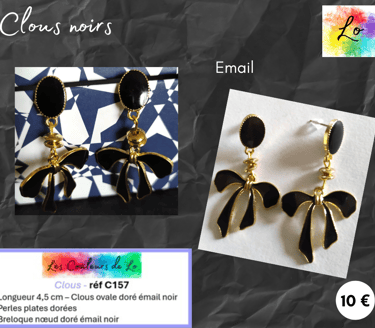 Boucles clous émail noir nœud émail noir Les Couleurs de Lo