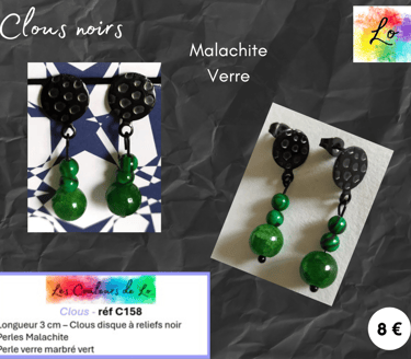 Boucles clous noirs à reliefs Malachite verre marbré vert Les Couleurs de Lo