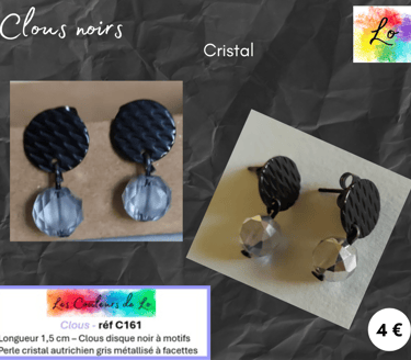 Boucles clous noirs à motifs cristal autrichien gris métallisé Les Couleurs de Lo