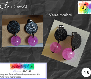 Boucles clous noirs à motifs verre marbré rose Les Couleurs de Lo
