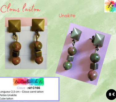 Boucles clous laiton Unakite cube laiton Les Couleurs de Lo