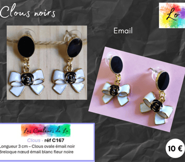 Boucles clous ovale émail noir nœud émail blanc Les Couleurs de Lo