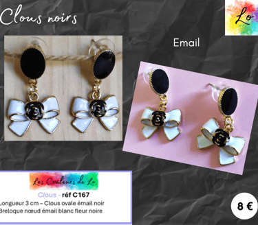 Boucles clous ovale émail noir nœud émail blanc Les Couleurs de Lo