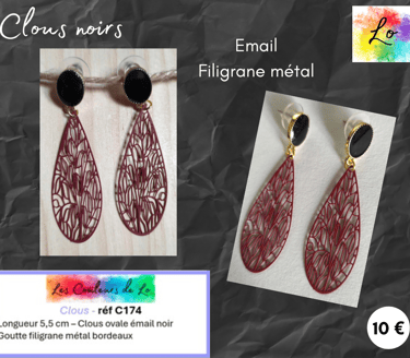 Boucles clous émail noir goutte filigrane métal bordeaux Les Couleurs de Lo