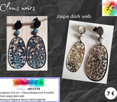 Boucles clous noir Jaspe dark web filigrane métal argenté Les Couleurs de Lo